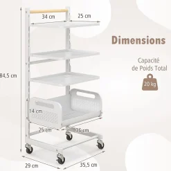 Chriot à roulettes à 4 Niveaux Desserte de Cuisine en Métal 20 Positions Étagères Réglables Panier en Maille