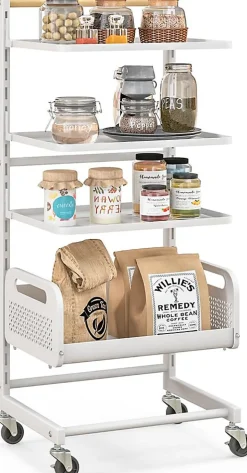 Chriot à roulettes à 4 Niveaux Desserte de Cuisine en Métal 20 Positions Étagères Réglables Panier en Maille