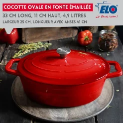 Cocotte ovale en fonte émaillée 33 cm de long rouge cerise 4,9 L Elo
