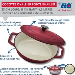 Cocotte ovale en fonte émaillée 33 cm de long rouge cerise 4,9 L Elo