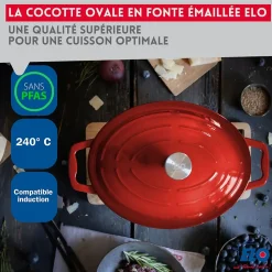 Cocotte ovale en fonte émaillée 33 cm de long rouge cerise 4,9 L Elo