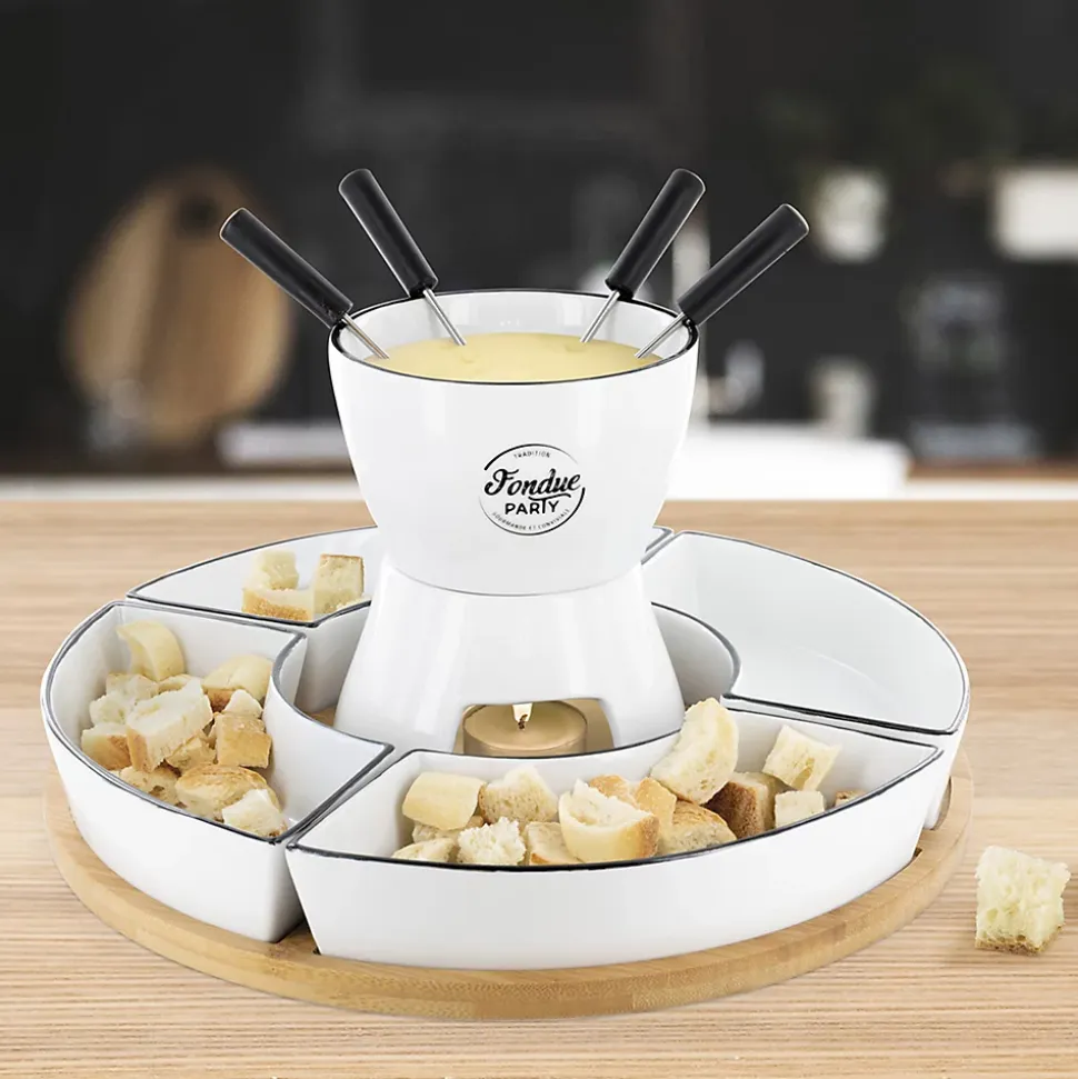 Coffret à Fondue - Cook Concept - Support Bambou - Coupelle X4 - Multicolore - H19 X L30 X P30 Cm