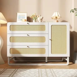 Coiffeuse de style champêtre blanche avec finitions en osier et poignées dorées, dimensions 120x 85x40