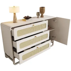 Coiffeuse de style champêtre blanche avec finitions en osier et poignées dorées, dimensions 120x 85x40