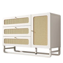 Coiffeuse de style champêtre blanche avec finitions en osier et poignées dorées, dimensions 120x 85x40