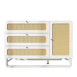 Coiffeuse de style champêtre blanche avec finitions en osier et poignées dorées, dimensions 120x 85x40