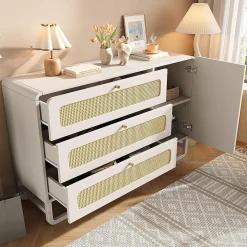 Coiffeuse de style champêtre blanche avec finitions en osier et poignées dorées, dimensions 120x 85x40