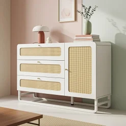 Coiffeuse de style champêtre blanche avec finitions en osier et poignées dorées, dimensions 120x 85x40