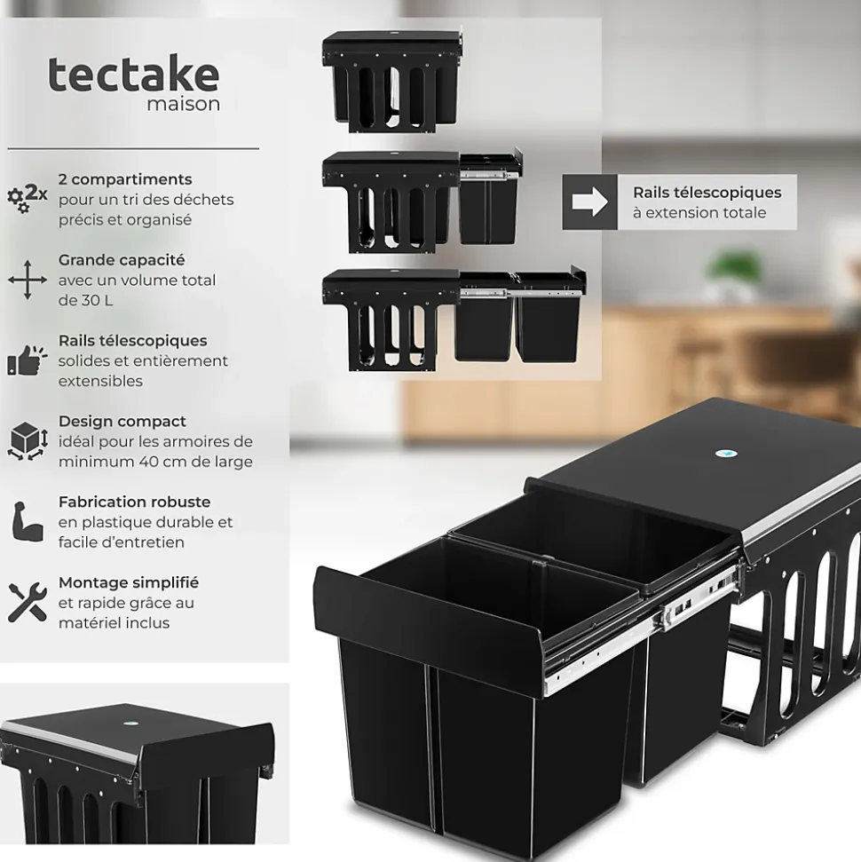 Collecteur de déchets 30 L et 2 compartiments 35 x 48 x 35 cm