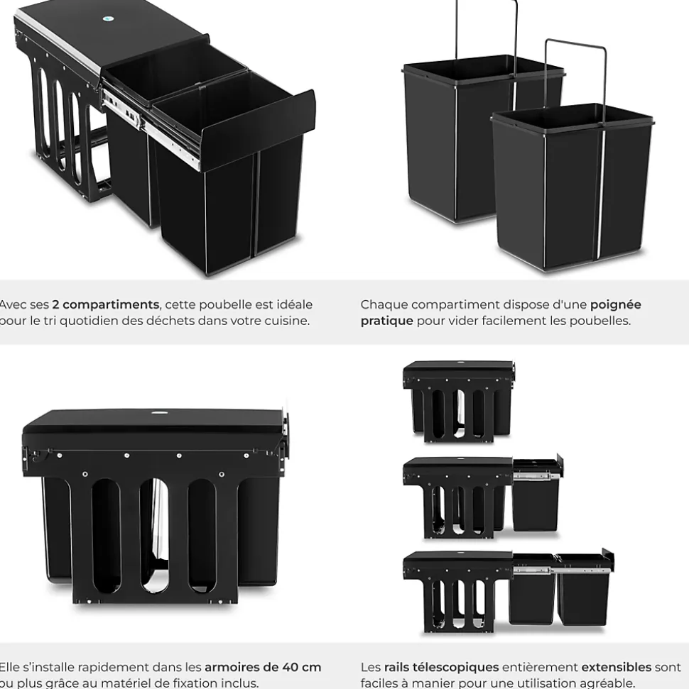 Collecteur de déchets 30 L et 2 compartiments 35 x 48 x 35 cm