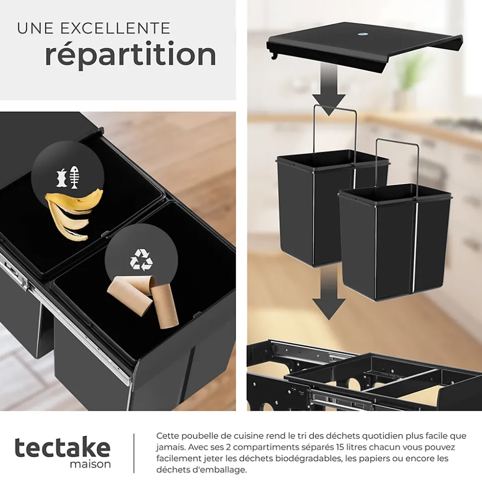 Collecteur de déchets 30 L et 2 compartiments 35 x 48 x 35 cm