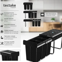 Collecteur de déchets 30L 3 compartiments 26 x 48 x 42 cm