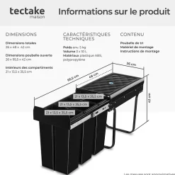 Collecteur de déchets 30L 3 compartiments 26 x 48 x 42 cm