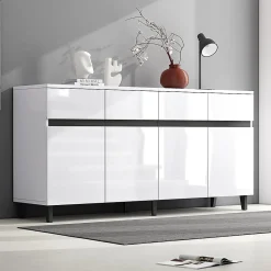 Commode 4 tiroirs + 2 portes, étagères réglables, meuble bas brillant