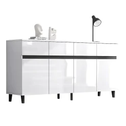 Commode 4 tiroirs + 2 portes, étagères réglables, meuble bas brillant