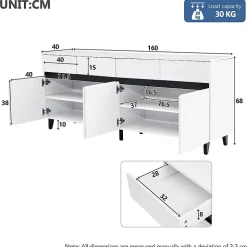 Commode 4 tiroirs + 2 portes, étagères réglables, meuble bas brillant