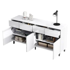 Commode 4 tiroirs + 2 portes, étagères réglables, meuble bas brillant