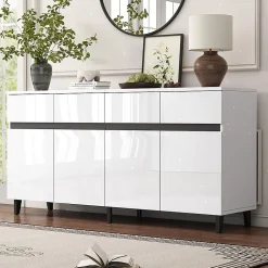 Commode 4 tiroirs + 2 portes, étagères réglables, meuble bas brillant