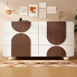 Commode avec 6 tiroirs,121x71x41cm,blanc,design incurvé,buffet élégant avec baguettes en bois couleur chocolat