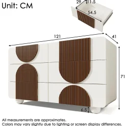 Commode avec 6 tiroirs,121x71x41cm,blanc,design incurvé,buffet élégant avec baguettes en bois couleur chocolat