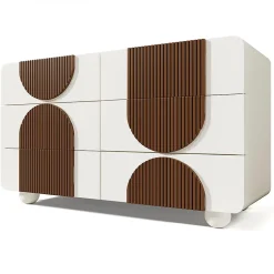Commode avec 6 tiroirs,121x71x41cm,blanc,design incurvé,buffet élégant avec baguettes en bois couleur chocolat