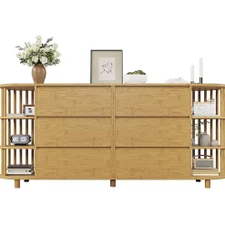 Commode buffet design romain,160x75x40cm,chêne, colonnes bambou, 6 tiroirs, étagères ouvertes, pieds réglables