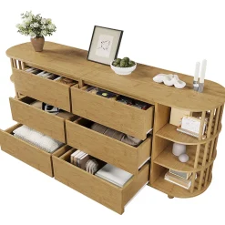 Commode buffet design romain,160x75x40cm,chêne, colonnes bambou, 6 tiroirs, étagères ouvertes, pieds réglables