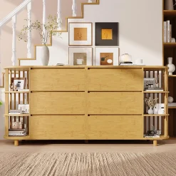 Commode buffet design romain,160x75x40cm,chêne, colonnes bambou, 6 tiroirs, étagères ouvertes, pieds réglables