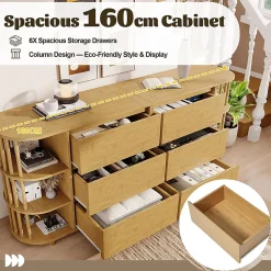 Commode buffet design romain,160x75x40cm,chêne, colonnes bambou, 6 tiroirs, étagères ouvertes, pieds réglables