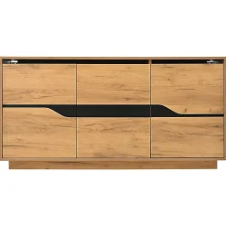 Commode de salon,140x40x76cm,couleur bois+noir, 3 portes, armoire de salle à manger avec séparateurs réglables