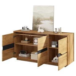 Commode de salon,140x40x76cm,couleur bois+noir, 3 portes, armoire de salle à manger avec séparateurs réglables