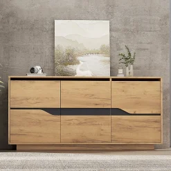 Commode de salon,140x40x76cm,couleur bois+noir, 3 portes, armoire de salle à manger avec séparateurs réglables