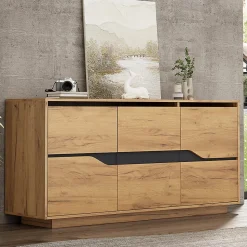 Commode de salon,140x40x76cm,couleur bois+noir, 3 portes, armoire de salle à manger avec séparateurs réglables
