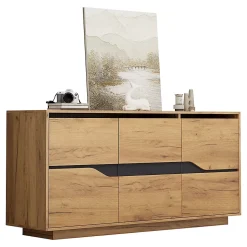 Commode de salon,140x40x76cm,couleur bois+noir, 3 portes, armoire de salle à manger avec séparateurs réglables