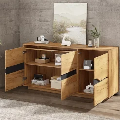 Commode de salon,140x40x76cm,couleur bois+noir, 3 portes, armoire de salle à manger avec séparateurs réglables