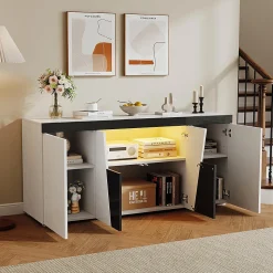 Commode salon 140x40x65 cm, 3 armoires/4 portes, LED, design angulaire, noir/blanc
