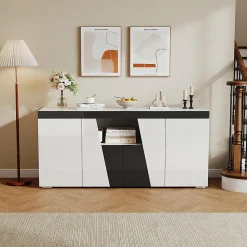 Commode salon 140x40x65 cm, 3 armoires/4 portes, LED, design angulaire, noir/blanc