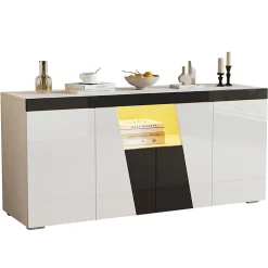 Commode salon 140x40x65 cm, 3 armoires/4 portes, LED, design angulaire, noir/blanc