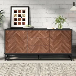 Commode salon 145x40x67 cm, 3 tiroirs + 2 portes, métal, séparations réglables, bois/noir