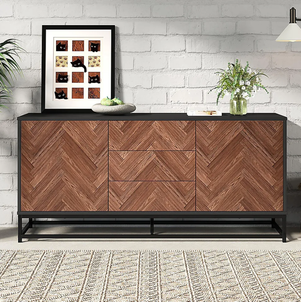 Commode salon 145x40x67 cm, 3 tiroirs + 2 portes, métal, séparations réglables, bois/noir