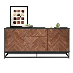 Commode salon 145x40x67 cm, 3 tiroirs + 2 portes, métal, séparations réglables, bois/noir