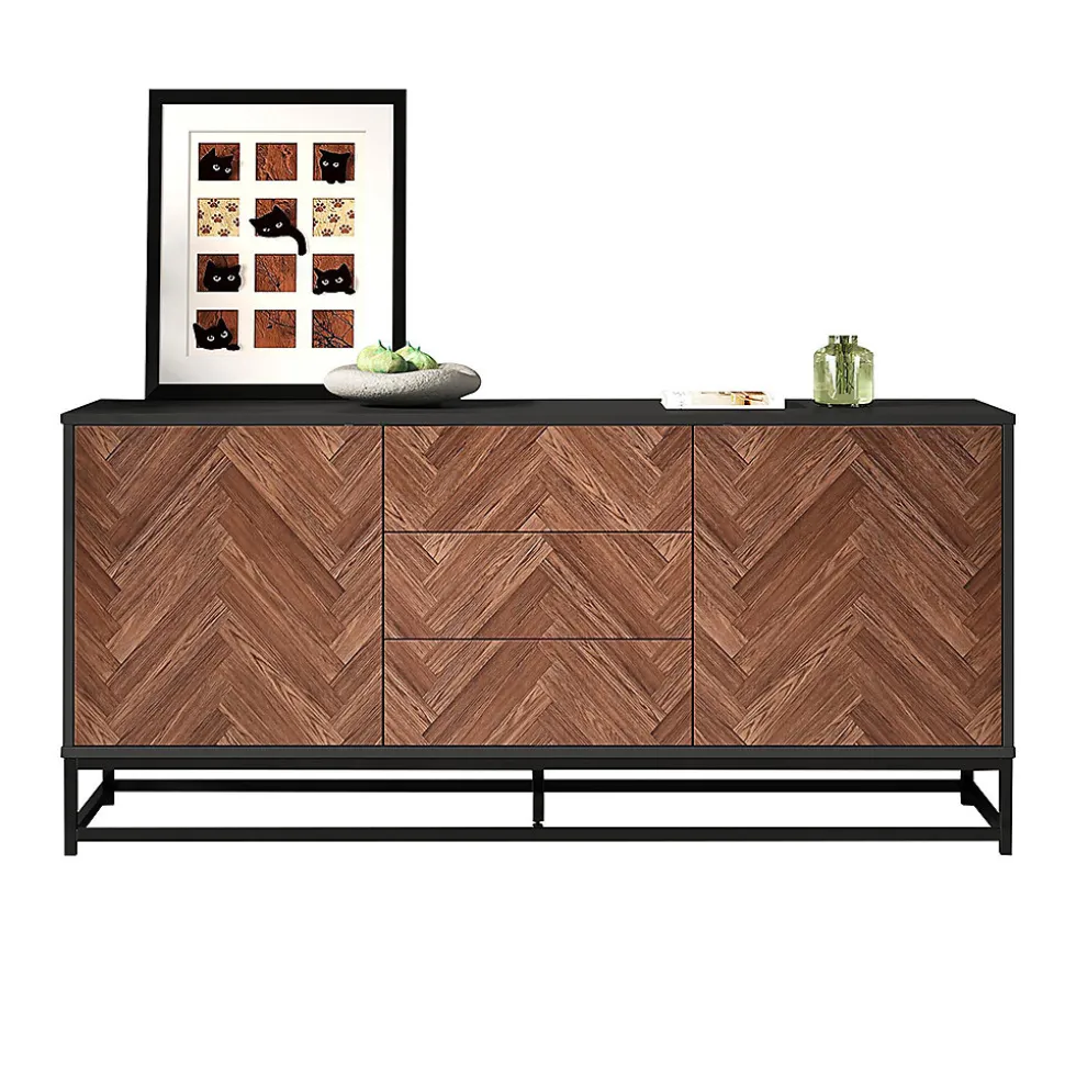 Commode salon 145x40x67 cm, 3 tiroirs + 2 portes, métal, séparations réglables, bois/noir