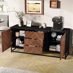 Commode salon 145x40x67 cm, 3 tiroirs + 2 portes, métal, séparations réglables, bois/noir