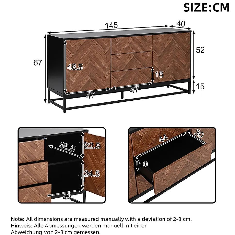 Commode salon 145x40x67 cm, 3 tiroirs + 2 portes, métal, séparations réglables, bois/noir