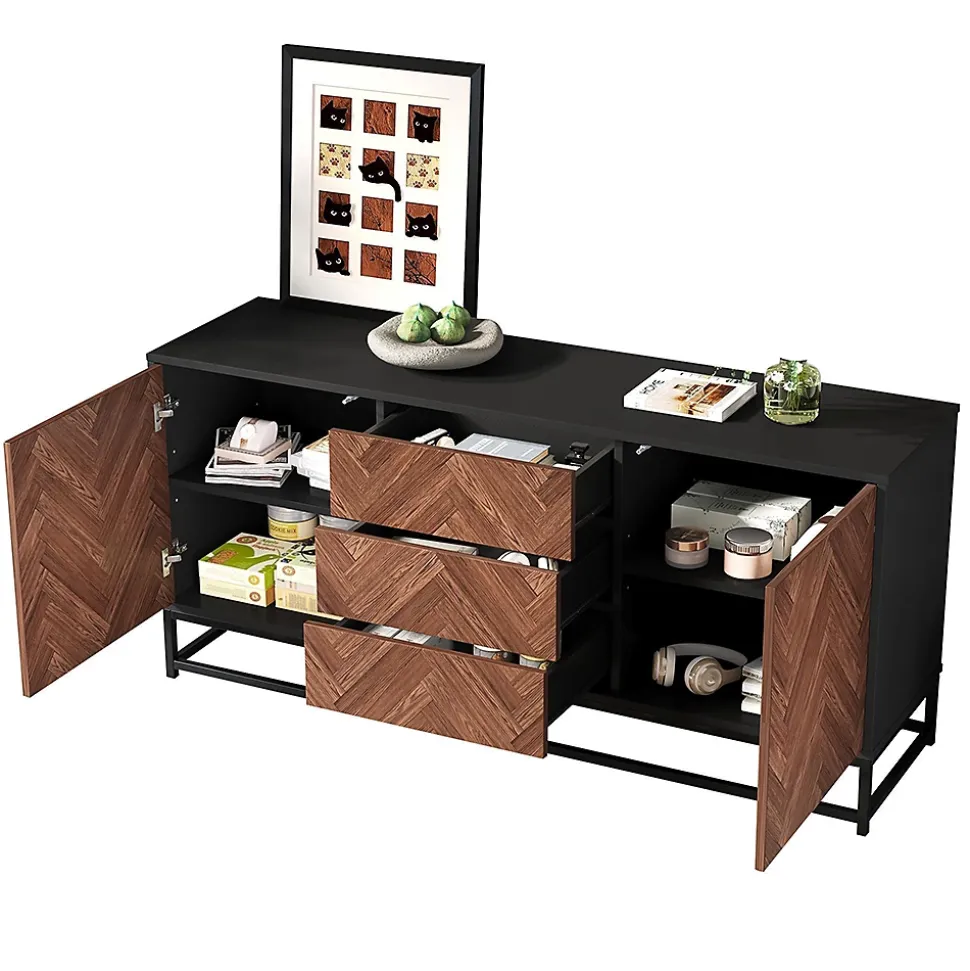 Commode salon 145x40x67 cm, 3 tiroirs + 2 portes, métal, séparations réglables, bois/noir