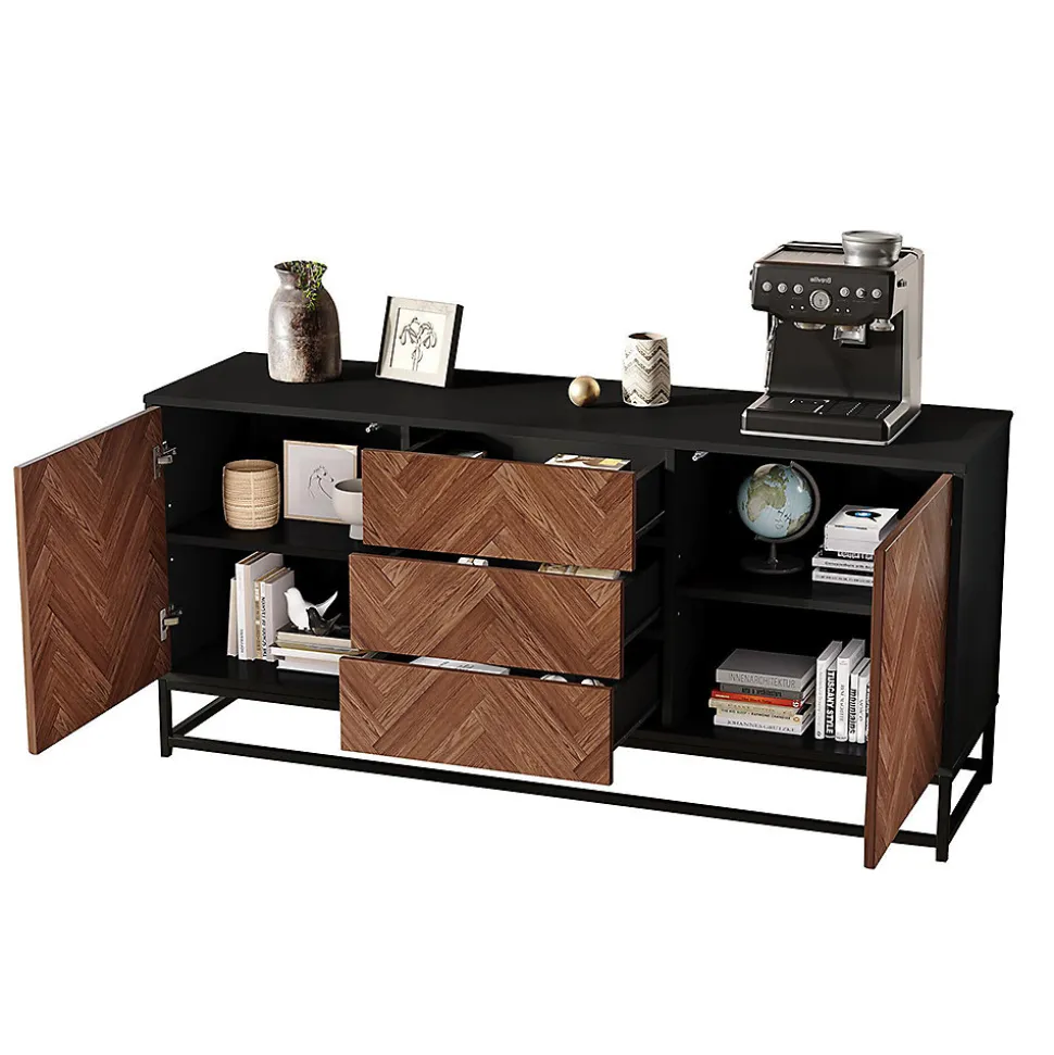 Commode salon 145x40x67 cm, 3 tiroirs + 2 portes, métal, séparations réglables, bois/noir