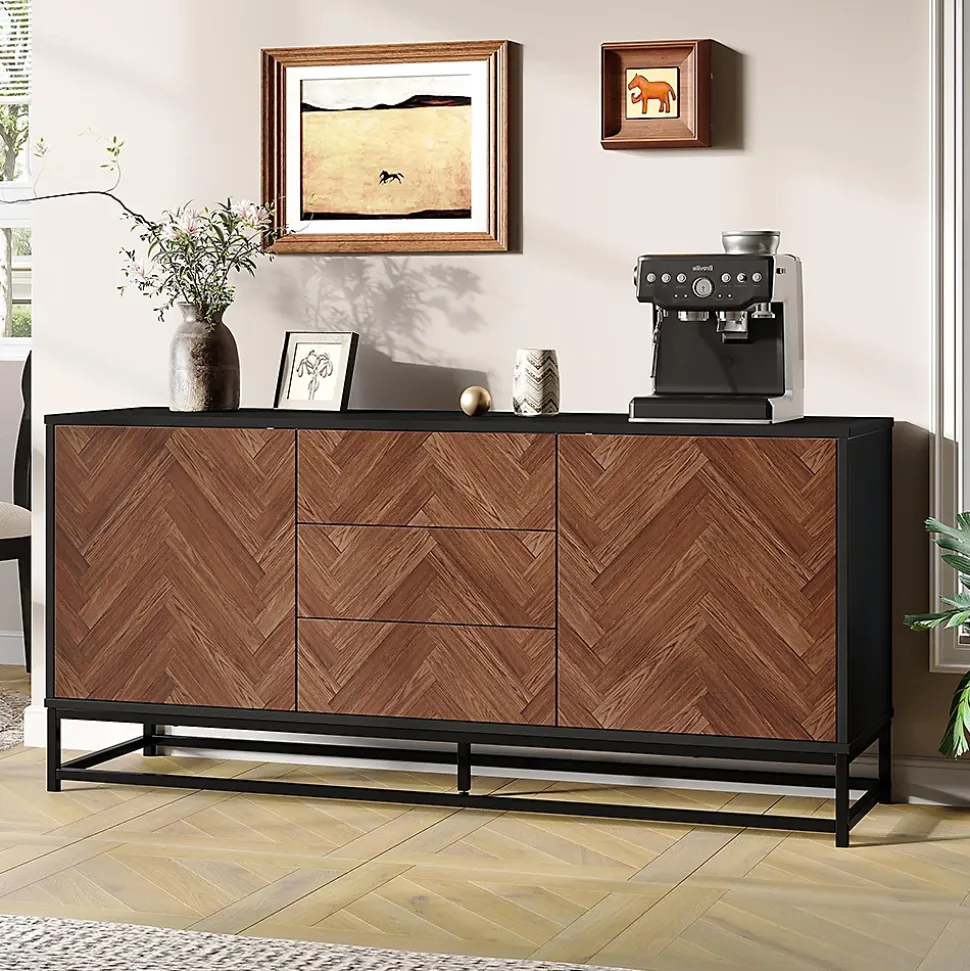 Commode salon 145x40x67 cm, 3 tiroirs + 2 portes, métal, séparations réglables, bois/noir