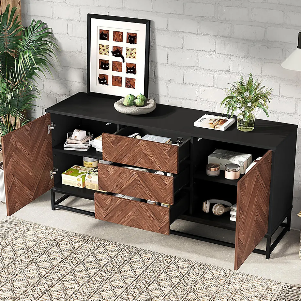 Commode salon 145x40x67 cm, 3 tiroirs + 2 portes, métal, séparations réglables, bois/noir