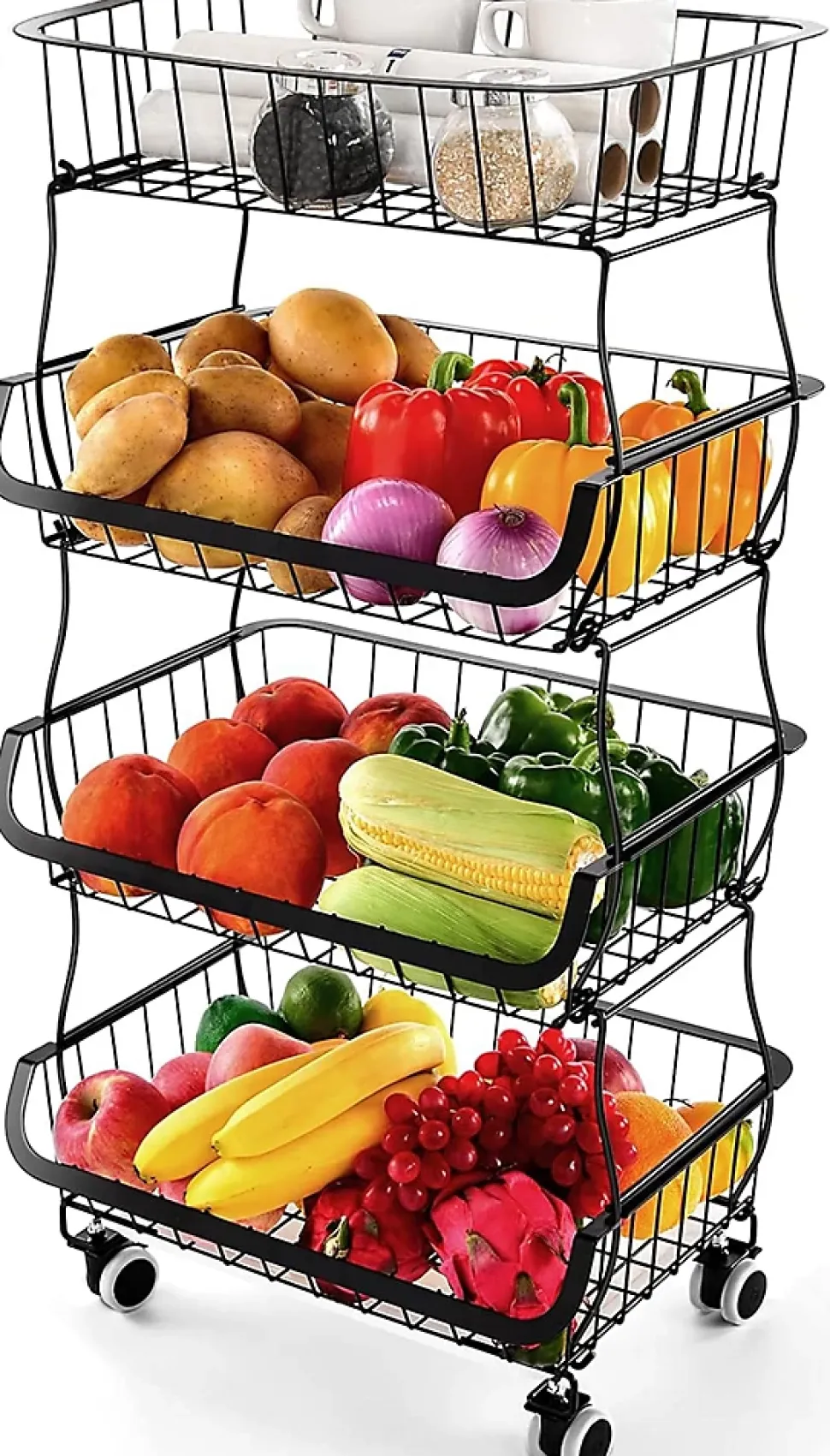 Corbeille à Fruits Métal 4 Niveaux avec Roulettes