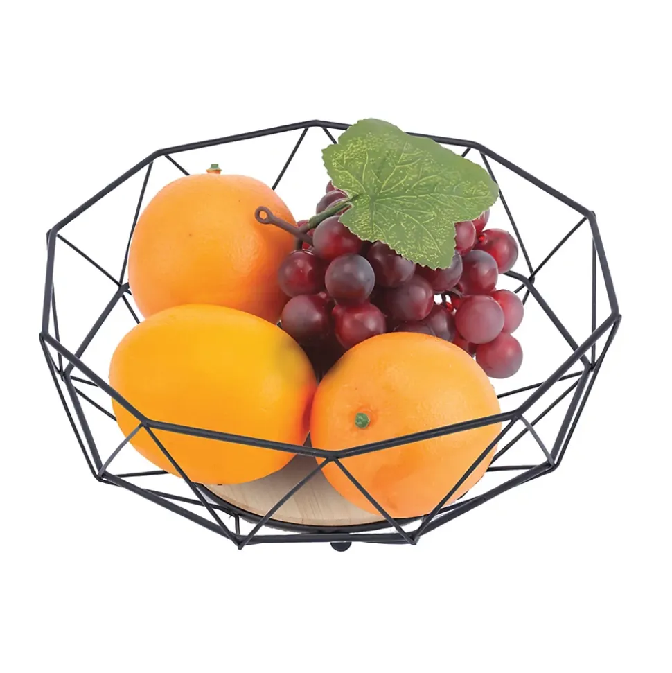 Corbeille à fruits ronde avec formes géométriques en métal noir et bambou